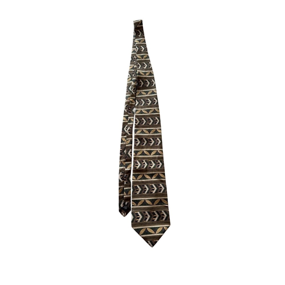 Robert Stock 100% Silk Abstract Geometric Neck Tie Brown Green Made in France
